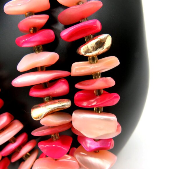Vintage Japan Pink Shell Chip Bead Necklace Double Strand 13" Choker Extension - Picture 3 of 6